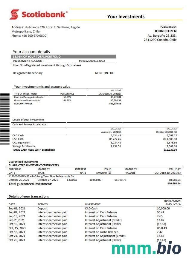 Wyciąg bankowy Chile Scotiabank łatwy do wypełnienia szablon w formacie Excel i PDF